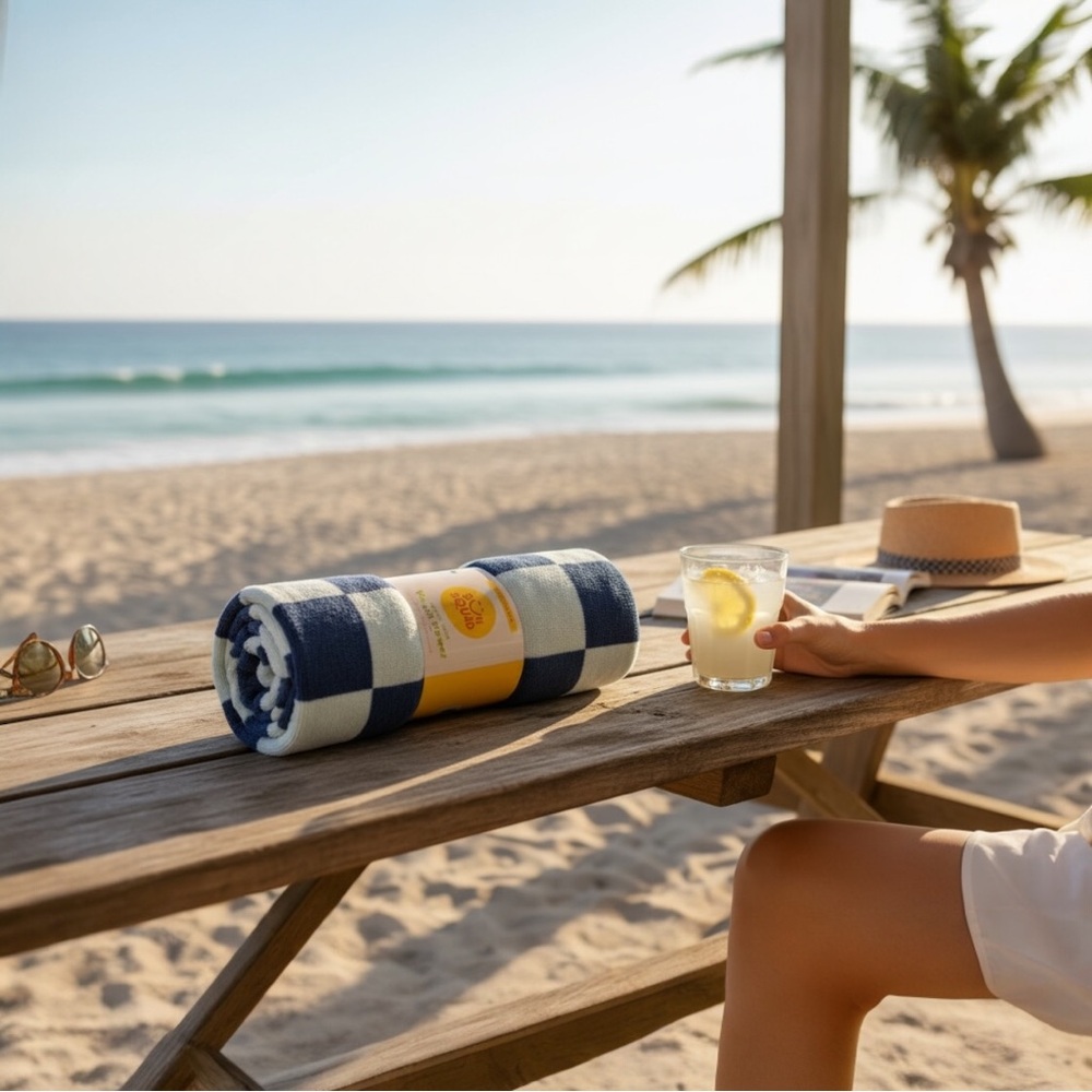 Sun Squad Travel-Size Beach Towel - Navy & Cream Checker